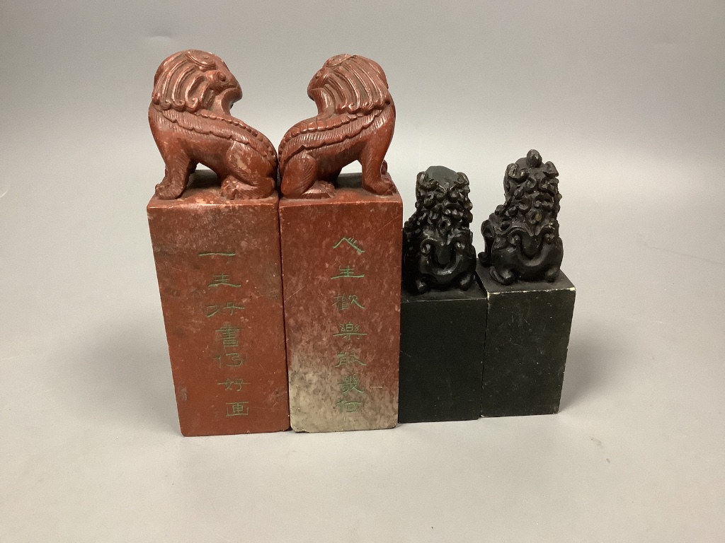 A pair of Chinese ‘chicken’s blood’ soapstone seals and eight other soapstone seals, tallest 13cm, Provenance: Henri Ely Thence to his son General Paul Ely